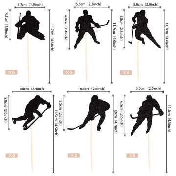 24 Pcs Hockey Cupcake Toppers Black Glitter Hockey Players Cupcake Picks Ice Hockey Sports Theme Baby Shower Boys Girls Birthday