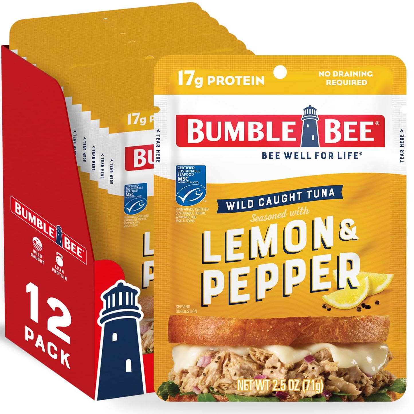 Bumble Bee Lemon & Pepper Seasoned Tuna, 2.5 oz Pouches (Pack of 12) - Ready to Eat - Wild Caught Tuna Packet - 17g Protein per 