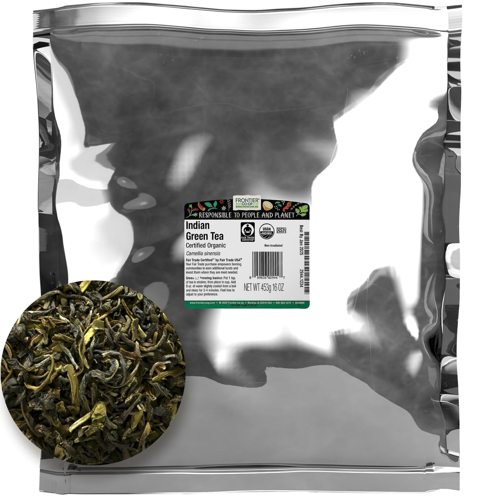 Frontier Co-Op Indian Green Tea  1Lb Bulk Bag - Organic Green Tea Loose Leaf - Perfect For Refreshing Loose Leaf  Lattes  Smoothies And More