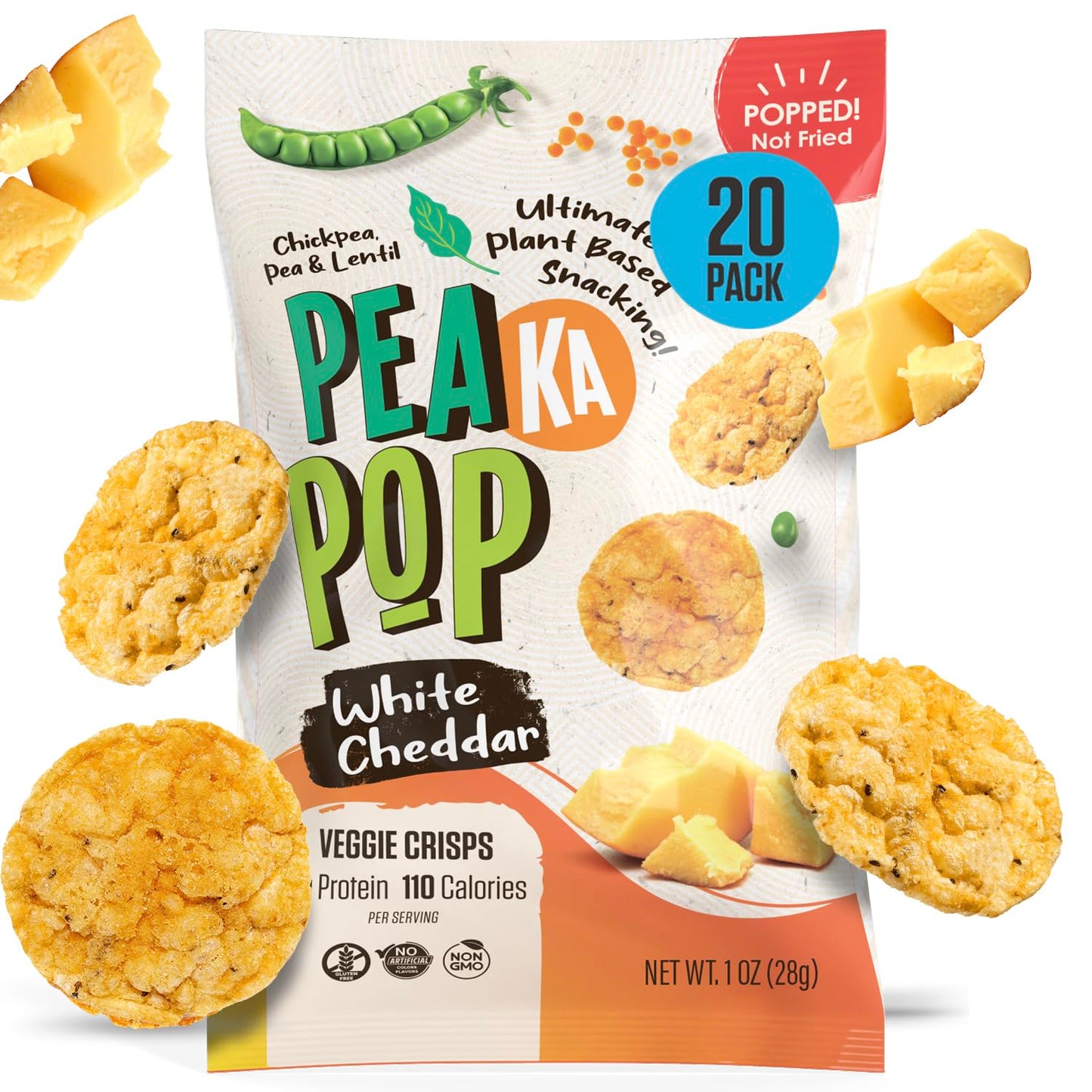 PEAKAPOP Veggie Chips - Plant-Based White Cheddar Crisps, Vegan & Gluten-Free, 15 oz (15-Pack)