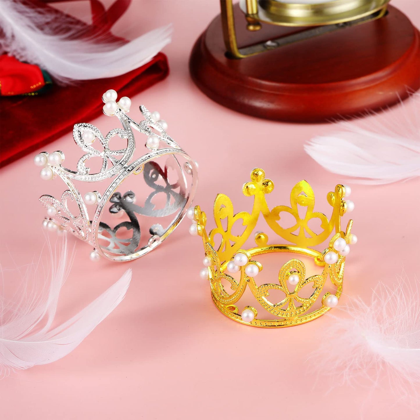 Funrous Mini Crowns 12 Pcs Cake Topper Tiara Pearl Crystal Decor Gold Silver