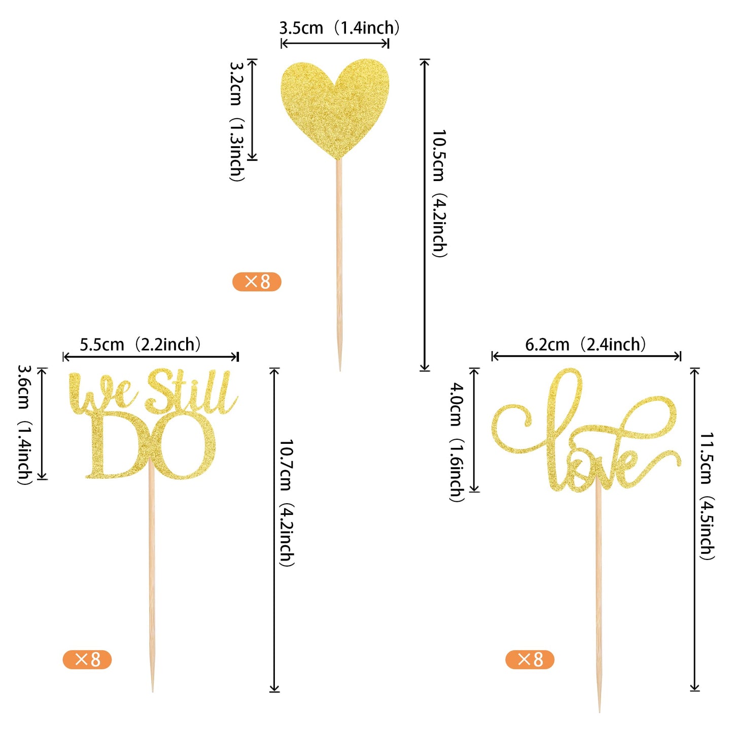 YCTHUNFISH Cupcake Toppers 24 Pack Gold Glitter Love Heart for Wedding Bridal Shower Birthday Cake Decorations