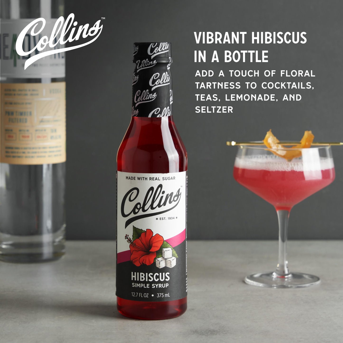 Collins Hibiscus Simple Syrup, 12.7 Fl Oz, Red, Plastic, Model 11828, Perfect for Cocktails and Beverages