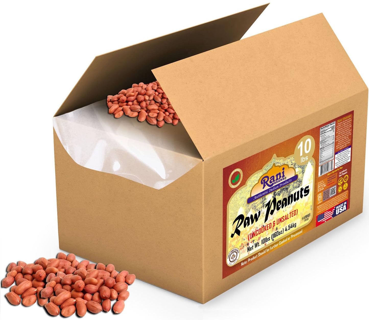 Rani Peanuts, Raw Whole With Skin (Uncooked, Unsalted) 10Lbs (160Oz) 4.54Kg Bulk Box ~ All Natural | Vegan | Gluten Friendly | Kosher | Fresh Product Of Usa ~ Spanish Grade Groundnut/Red-Skin