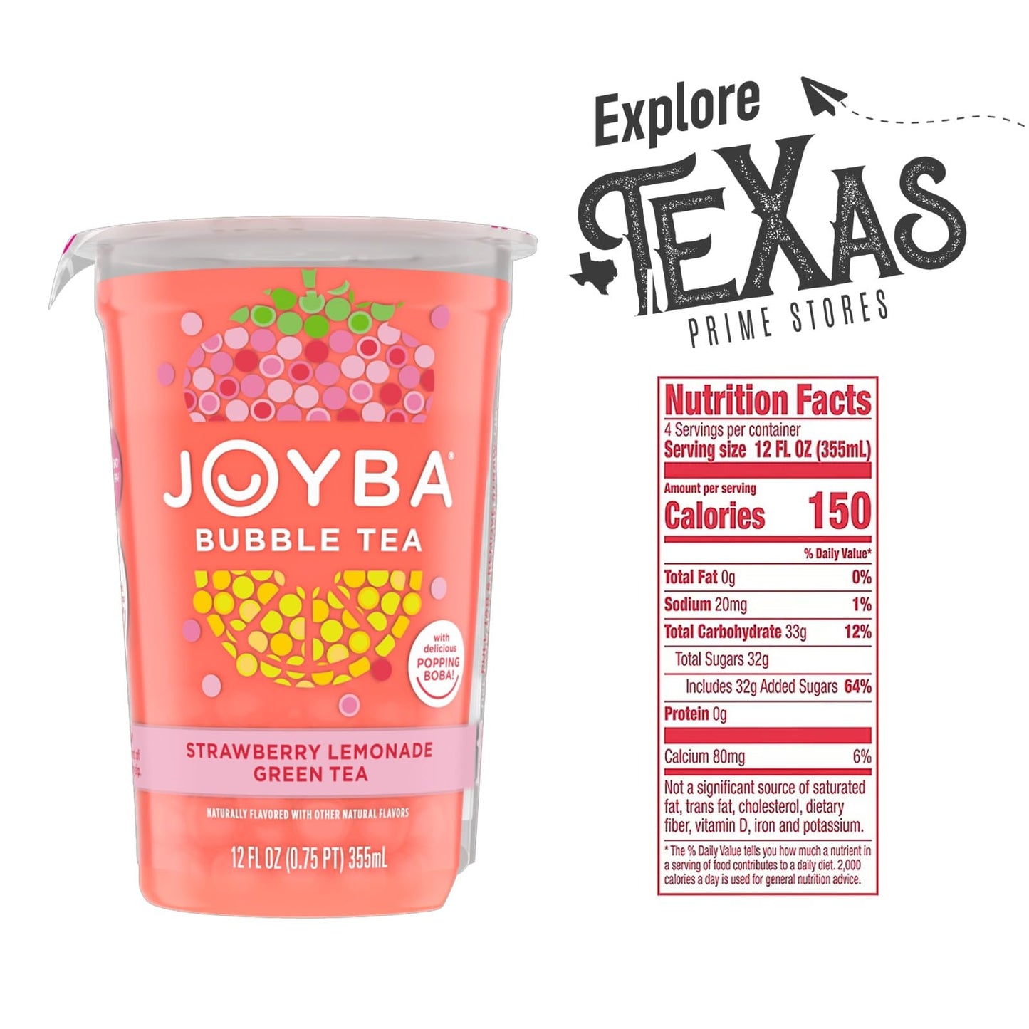 Joyba 16 Pack Strawberry Lemonade Bubble Green Tea Cups 12 Fl Oz With Delicious Natural Fruit Flavored Popping Boba + 1 Freebie