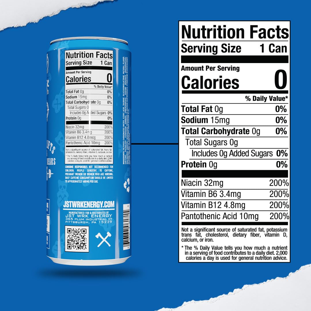 JST WRK Energy Drink - Sugar-Free, Zero Calories, 12 Fl Oz, 12-Pack, 200mg Caffeine