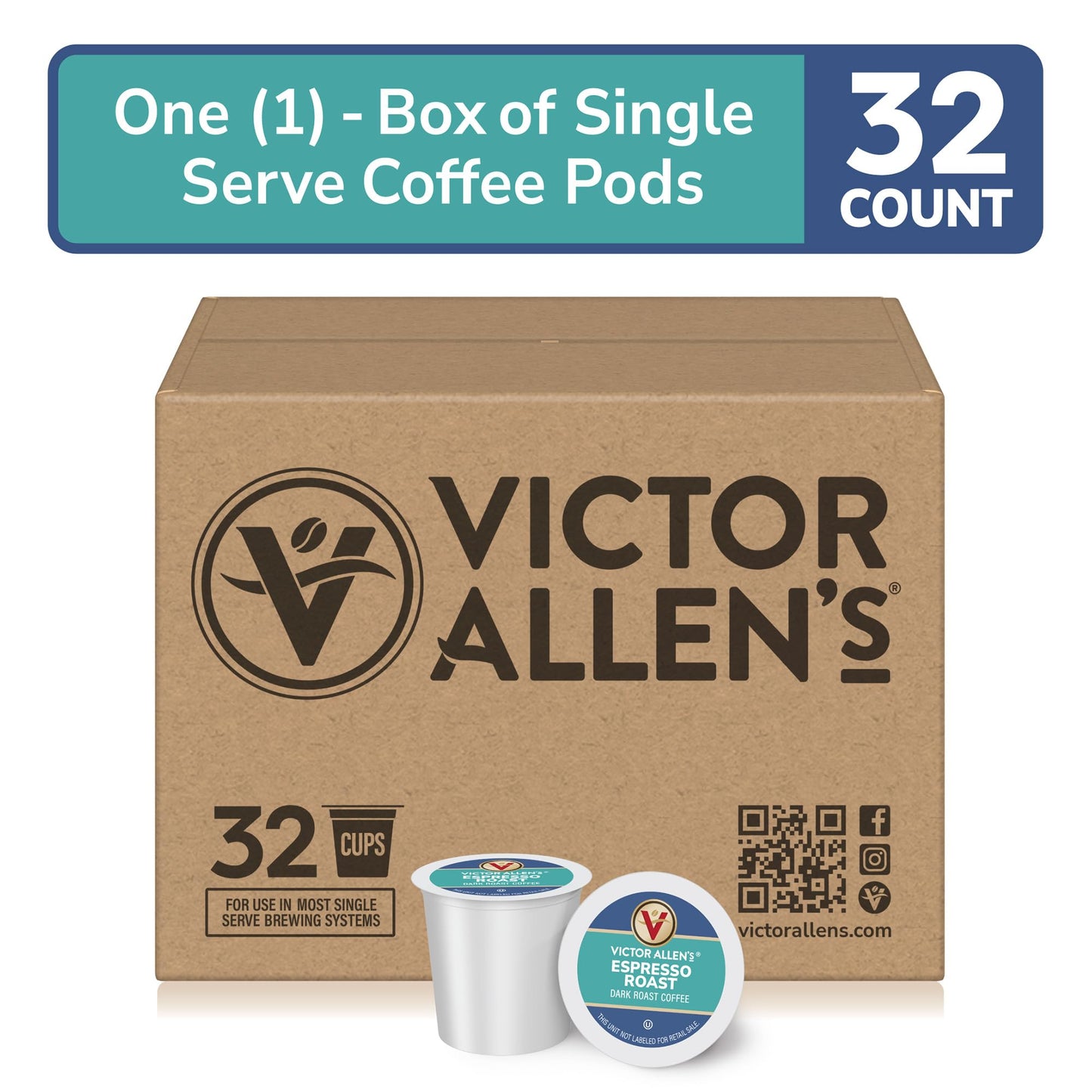 Victor Allens Coffee Espresso Roast Coffee Pods, 32 Count, Single Serve for Keurig, Brown