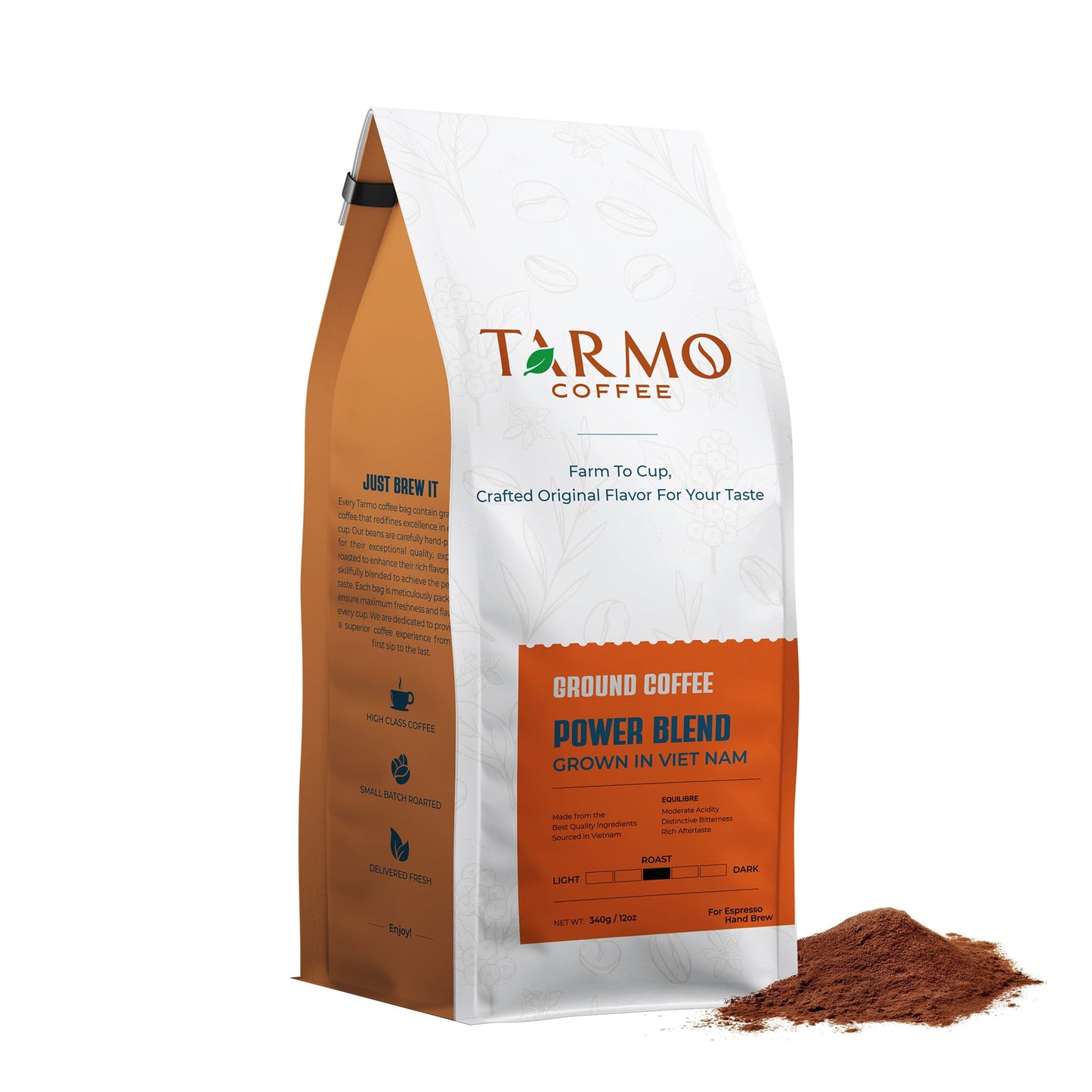 TARMO COFFEE Power Blend Low Acid Ground Coffee, Medium Roast, 12 Oz Bag, Premium Arabica & Robusta Blend