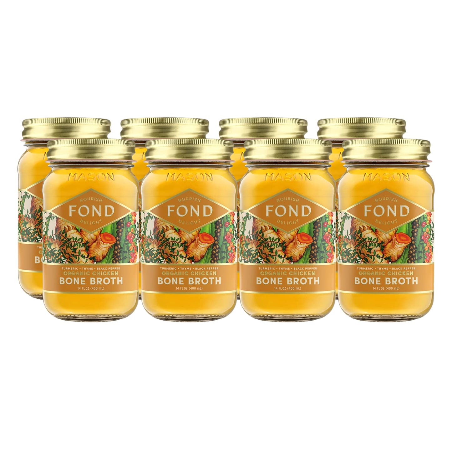 Fond Regenerative Pasture-Raised Chicken Bone Broth Infused With Organic Turmeric & Black Pepper – Slow-Simmered Chicken Broth For Rich Flavor, Nutrient-Dense, Artisan Quality – 14 Oz (8-Pack)