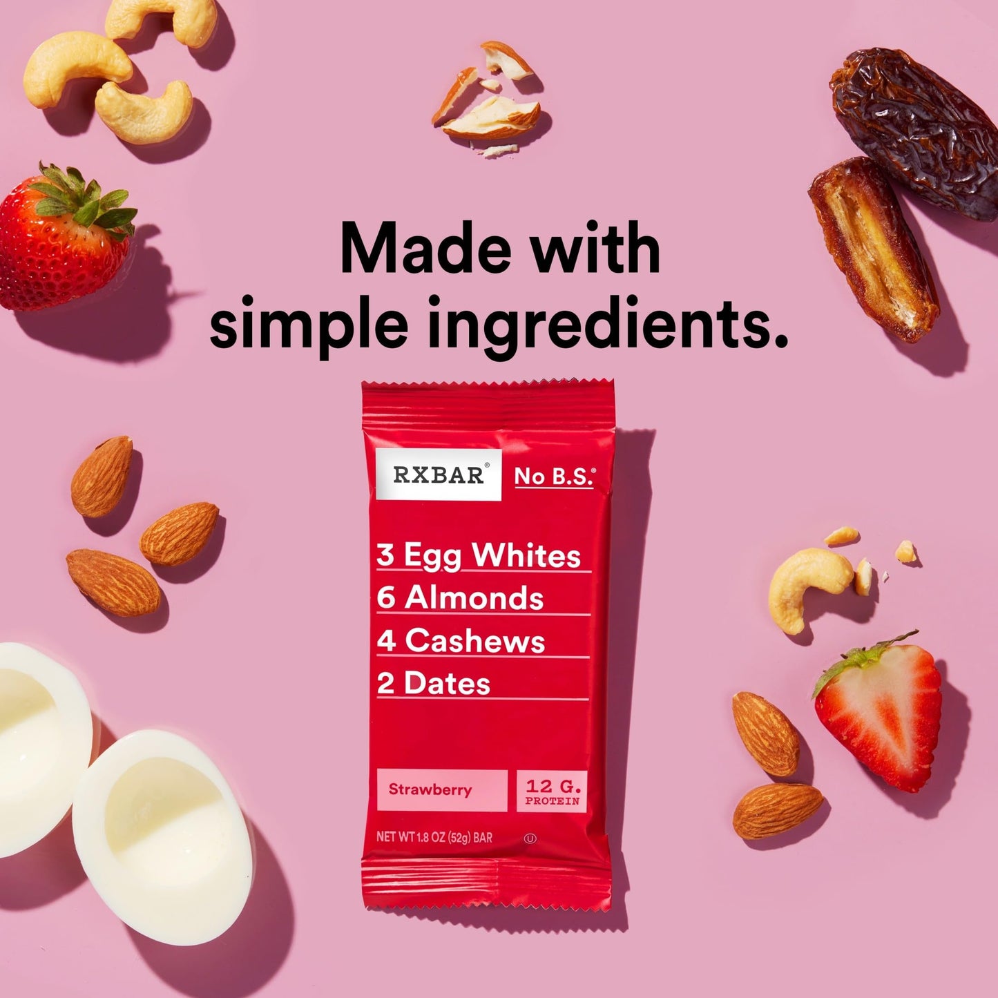 Rxbar Protein Bars 12G Protein Gluten Free Snacks Strawberry 22Oz Box (12 Bars)