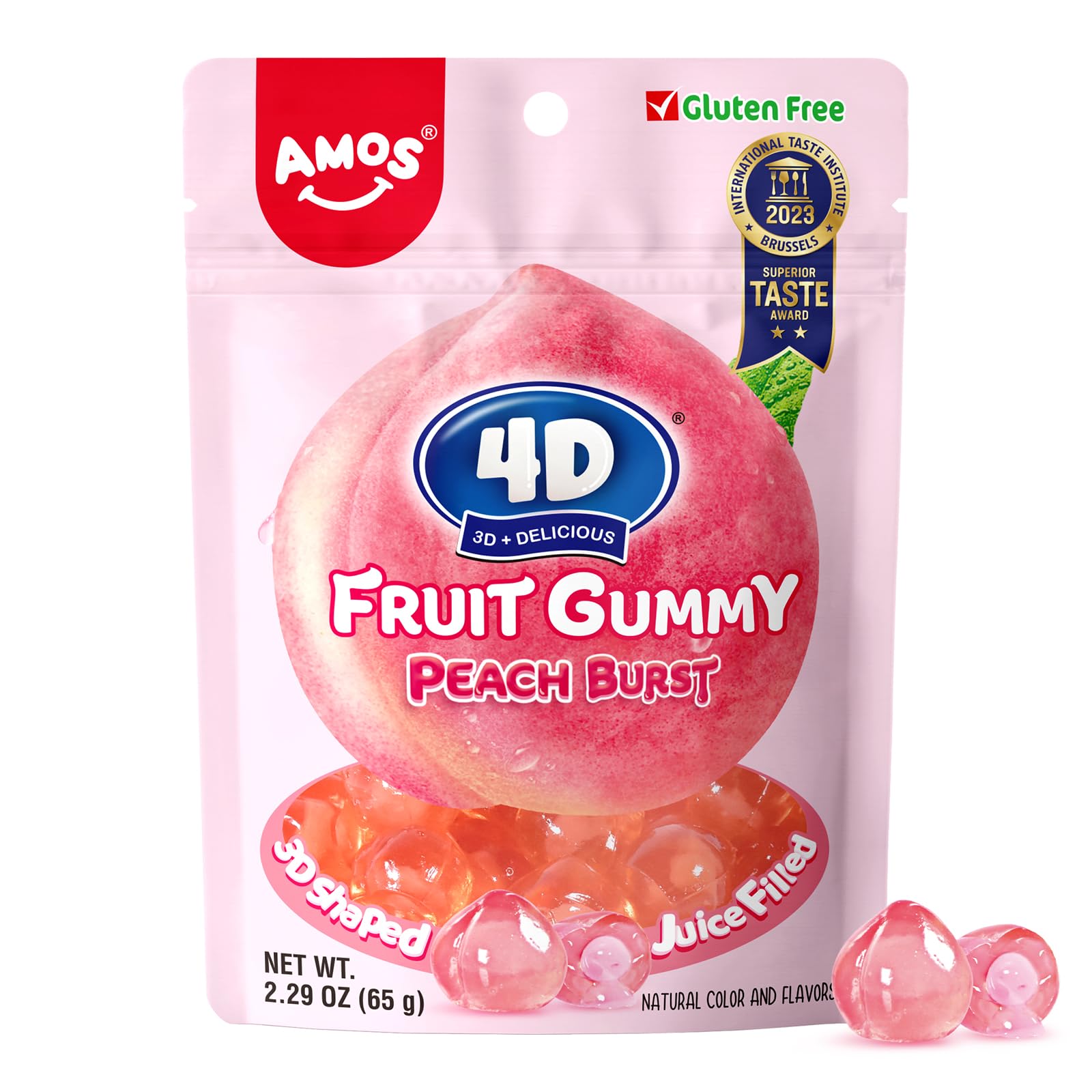 Amos 4D Gummy Candy Peach Burst - Fruity, Jelly-Filled, Natural Flavor - Resealable 2.29oz Bag Valentine's Candy Gift (Pack of 8