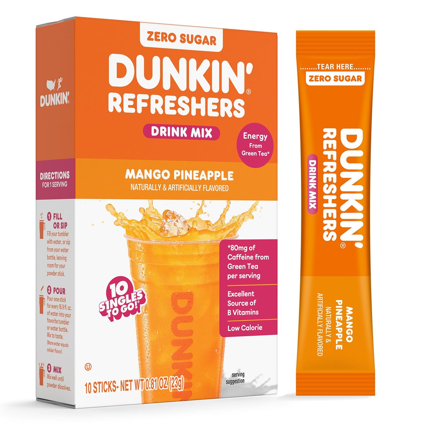 Dunkin Refreshers Singles To Go! Powdered Drink Mix Packets  Mango Pineapple 10 Packets Per Box Energy From Green Tea  Aspartame-Free  No Synthetic Colors  Naturally And Artificially Flavored  Just Add Water