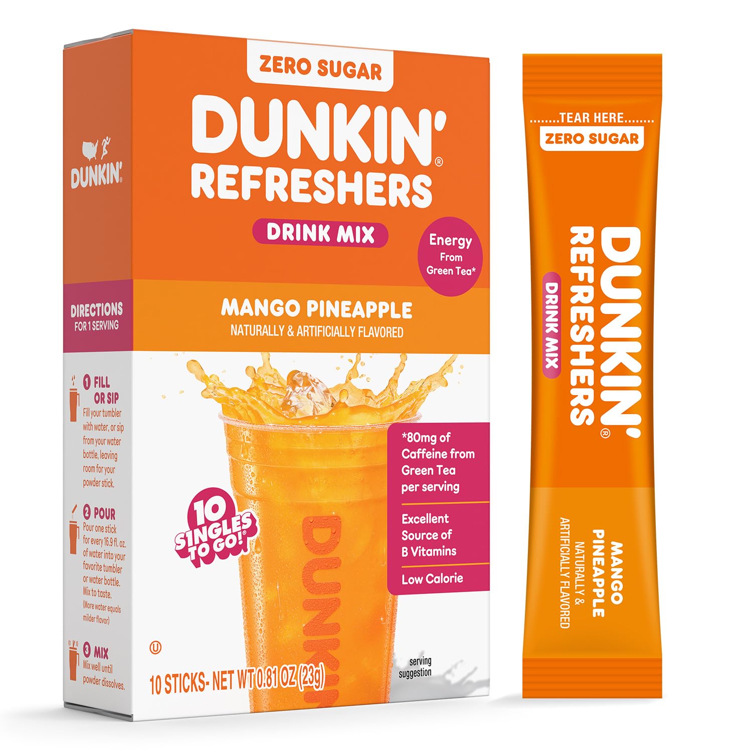 Dunkin Refreshers Singles To Go! Powdered Drink Mix Packets  Mango Pineapple 10 Packets Per Box Energy From Green Tea  Aspartame-Free  No Synthetic Colors  Naturally And Artificially Flavored  Just Add Water