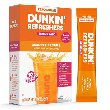 Dunkin Refreshers Singles To Go! Powdered Drink Mix Packets  Mango Pineapple 10 Packets Per Box Energy From Green Tea  Aspartame-Free  No Synthetic Colors  Naturally And Artificially Flavored  Just Add Water