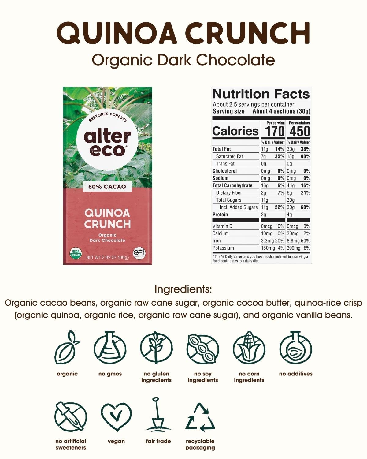 Alter Eco Dark Chocolate Bars, Organic & Fair Trade, Gluten Free, 6 Count Quinoa Crunch