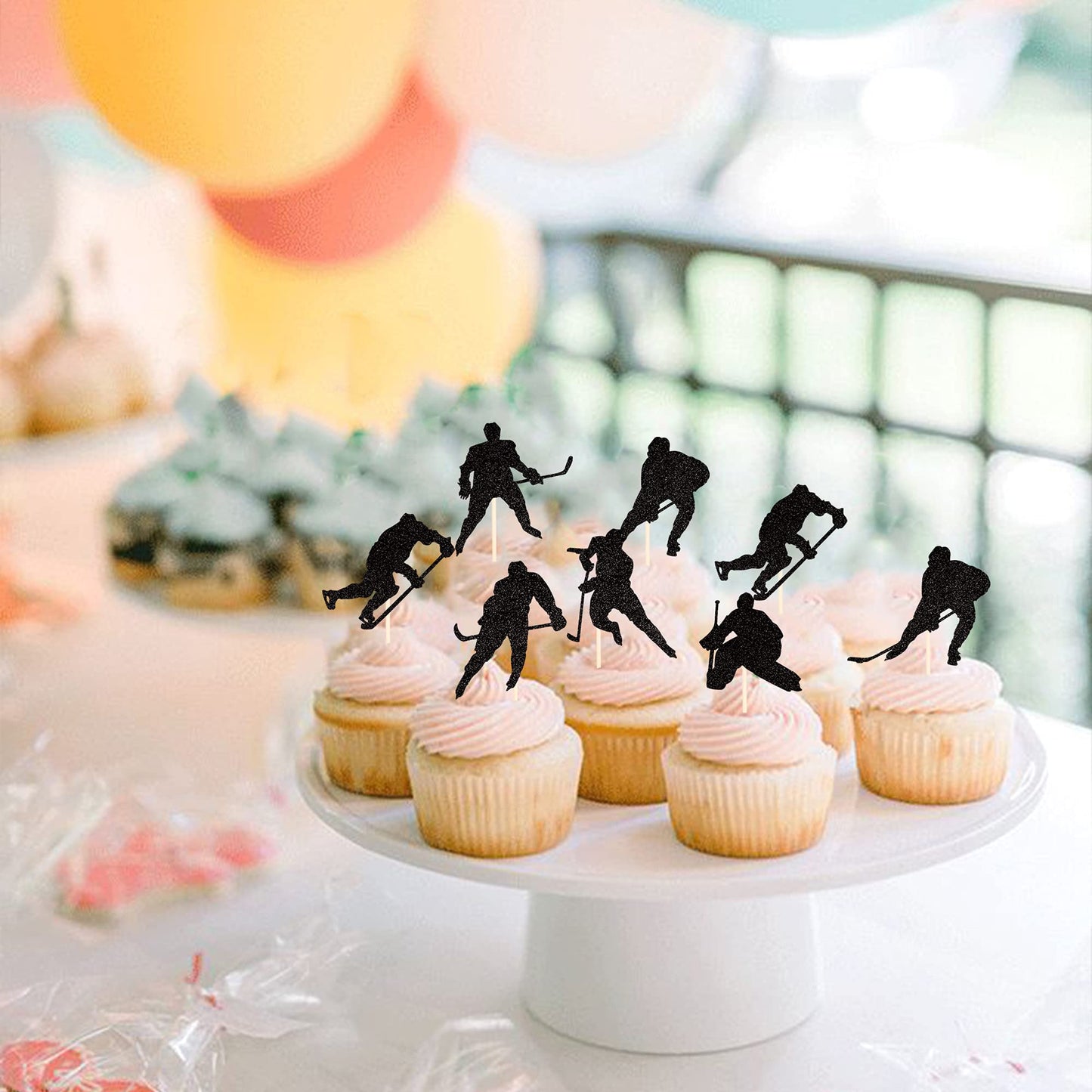 24 Pcs Hockey Cupcake Toppers Black Glitter Hockey Players Cupcake Picks Ice Hockey Sports Theme Baby Shower Boys Girls Birthday