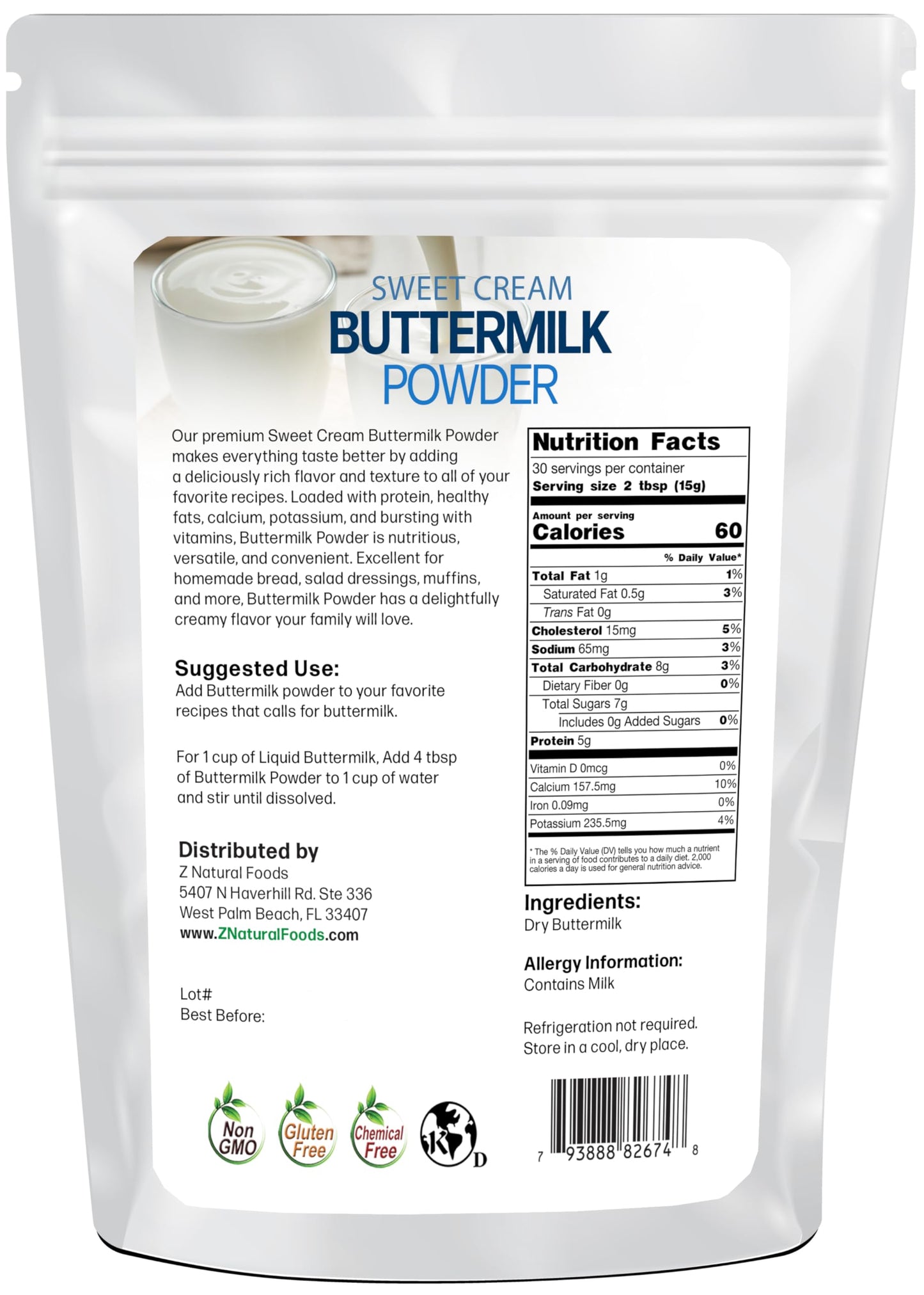 Z Natural Foods - Sweet Cream Buttermilk Powder-100% Natural- Gluten Free- Non Gmo Dry Buttermilk- 1 Lb