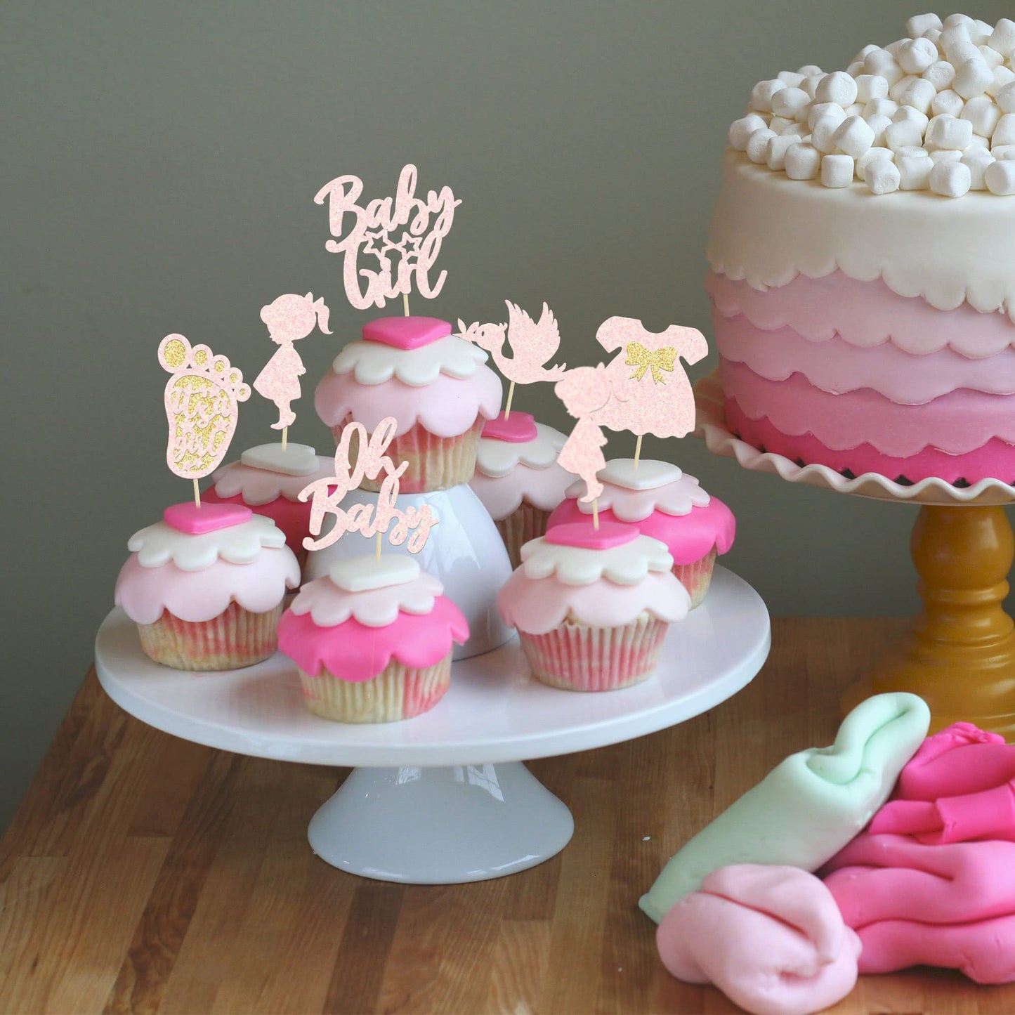 24Pcs Oh Baby Cupcake Toppers Baby Girl Cupcake Toppers With Bow Dress Footprint Swan Light Pink Glitter Babyshower Gender Revea