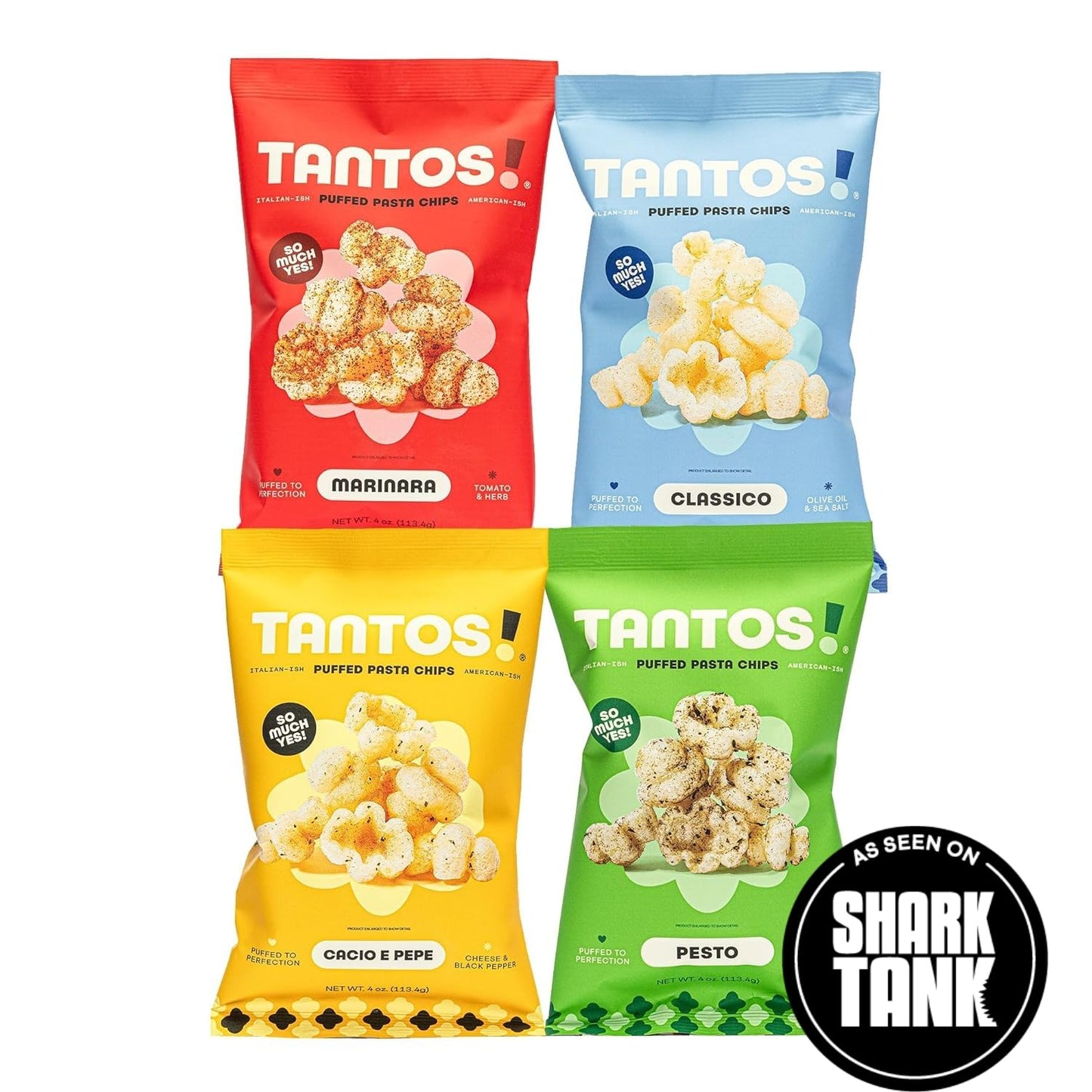 Tantos! Puffed Pasta Chips - Healthy Pasta Snack by Top Chef Joe Sasto - Plant-Based  Low Calorie  Crunchy Chips - Variety Pack - Marinara  Pesto  Cacio e Pepe  Classico - Gourmet Bold Flavors - (4oz-4 Pack (1 of Each Flavor)  Variety)