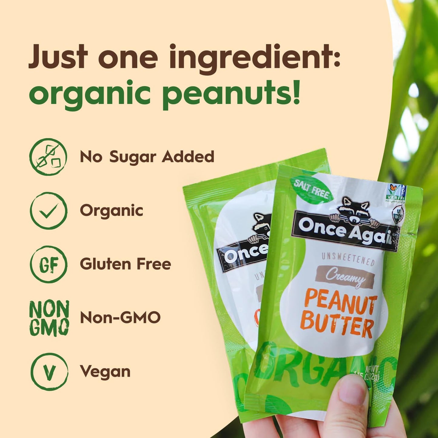 Once Again Organic creamy Peanut Butter - 1.15oz Squeeze Packs 10 count - Salt Free Unsweetened - USDA Organic gluten Free certi