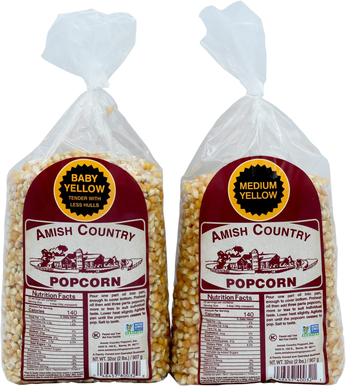 Amish Country Popcorn | 2 Lb Baby Yellow & 2 Lb Medium Yellow Kernels | Old Fashioned, Non-GMO and Gluten Free