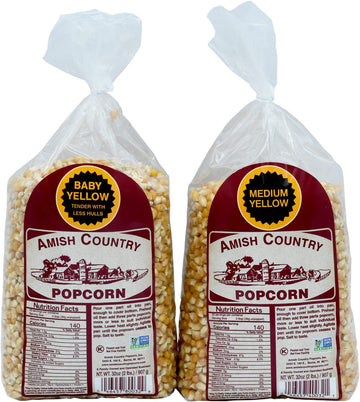 Amish Country Popcorn | 2 Lb Baby Yellow & 2 Lb Medium Yellow Kernels | Old Fashioned, Non-GMO and Gluten Free