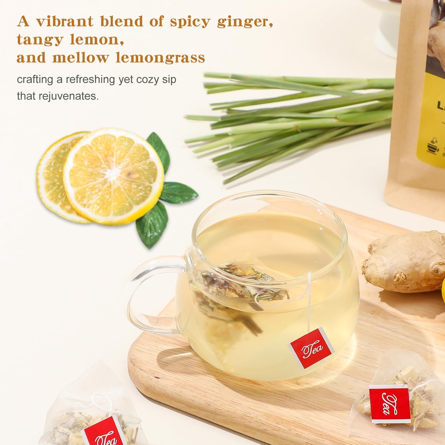 FullChea Lemon Ginger Tea Bags - Caffeine-free, Non-GMO, 50 Count