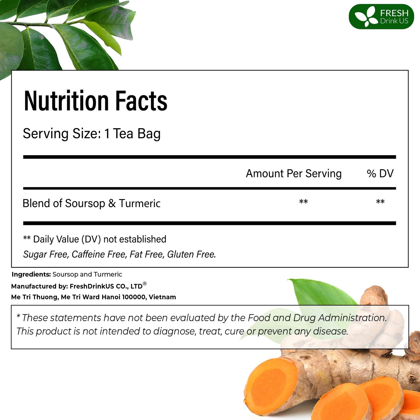 FreshDrinkUS  enhanced 60 Soursop Turmeric Tea Bags  100% Natural  Blend of Soursop Leaves  and Turmeric Root. Made with Natural Material Tea Bags. No Sugar  Vegan.