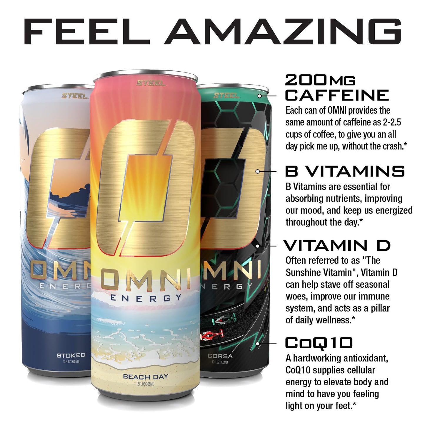 Steel dietary products OMNI Energy Drink Variety Pack - 200mg Caffeine, B Vitamins, Sugar-Free, Low Calorie, 12 Oz (Pack of 12)