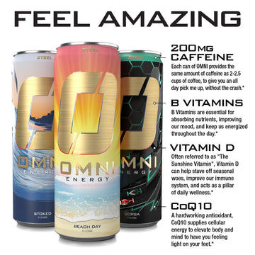 Steel dietary products OMNI Energy Drink Variety Pack - 200mg Caffeine, B Vitamins, Sugar-Free, Low Calorie, 12 Oz (Pack of 12)