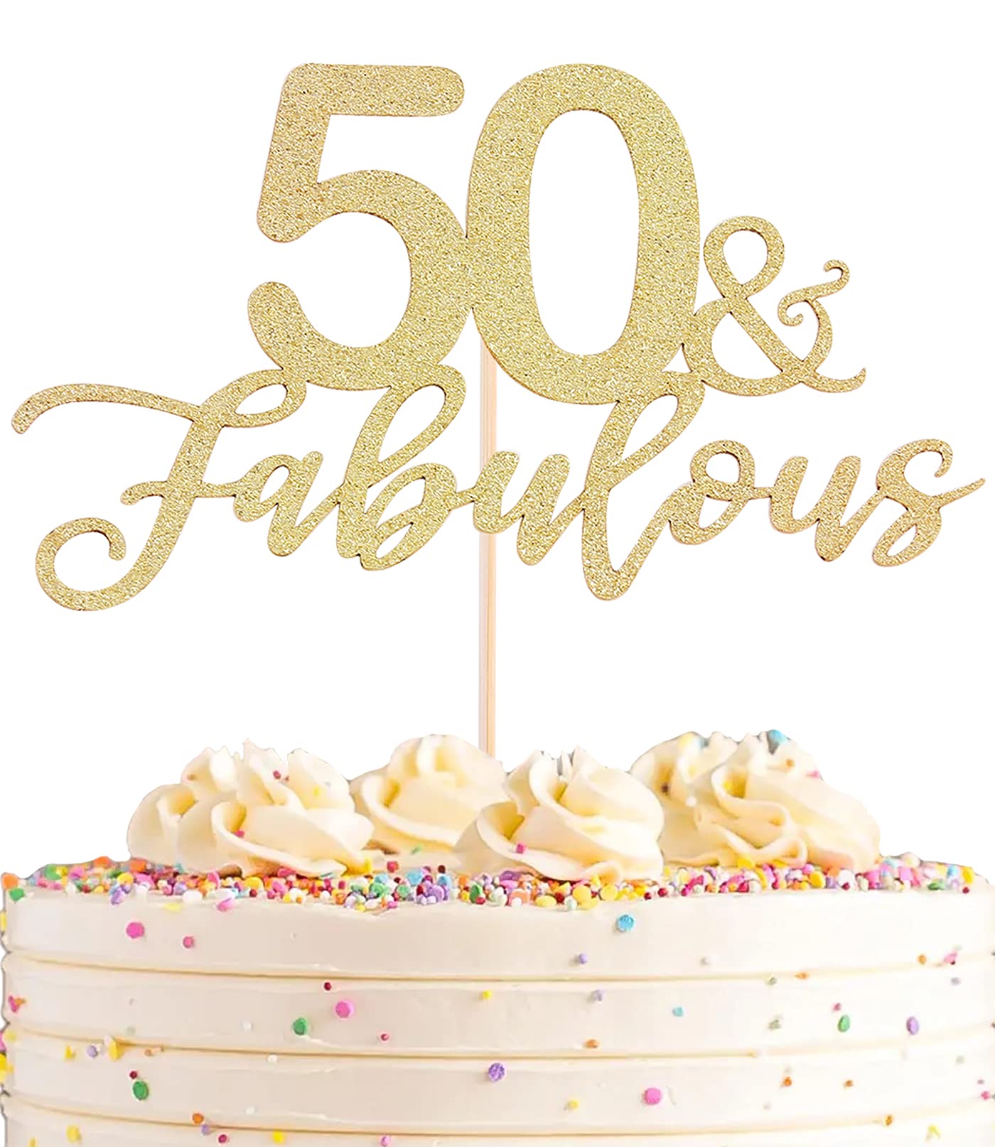 Ahaoray 50 Fabulous Cake Topper, Premium Gold Glitter Cardboard Cake Decoration For 50Th Happy Birthday Party - Fifty And Fabulo