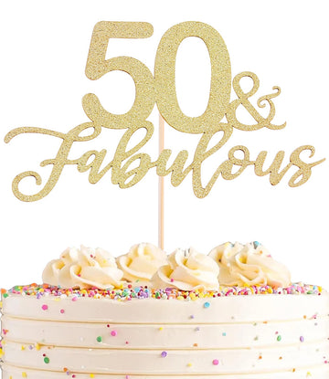 Ahaoray 50 Fabulous Cake Topper, Premium Gold Glitter Cardboard Cake Decoration For 50Th Happy Birthday Party - Fifty And Fabulo