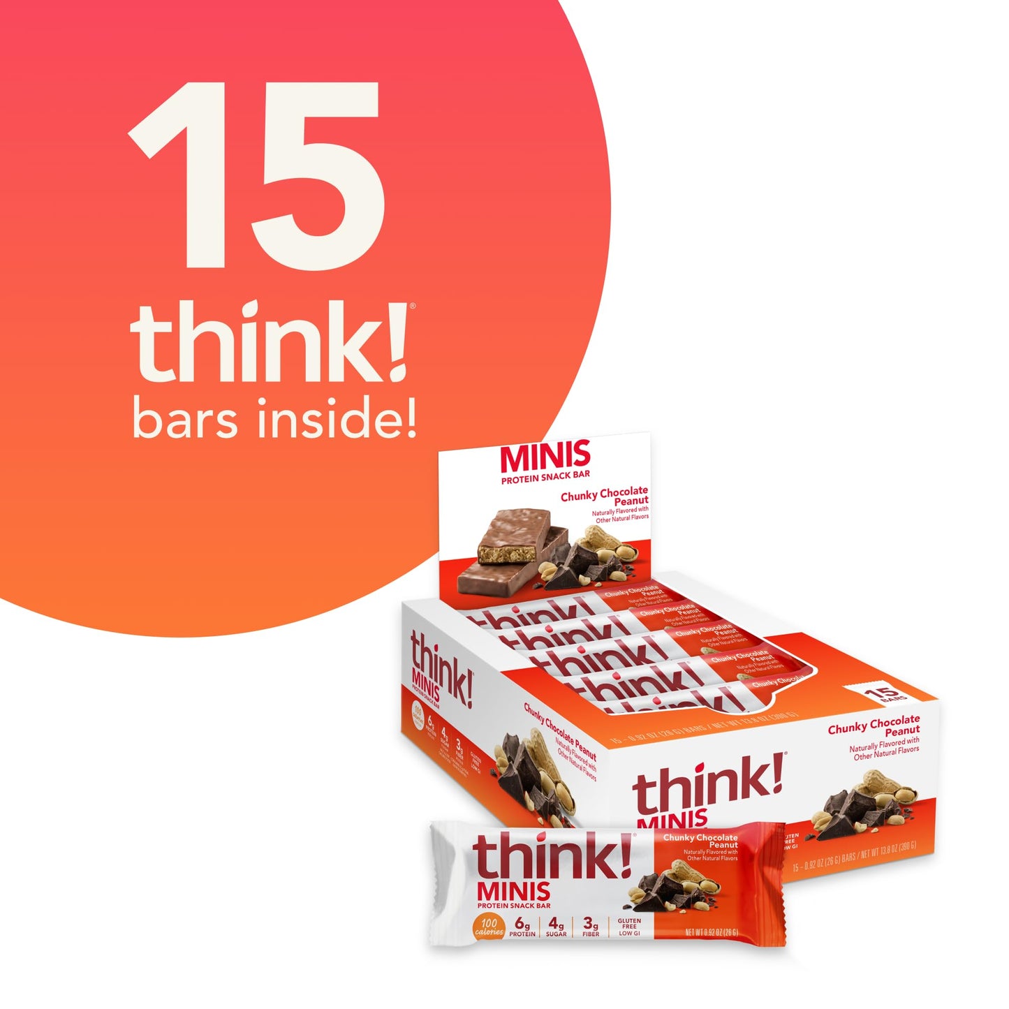 Think! Minis Protein Snack Bars, Gluten Free, Chunky Chocolate Peanut, 15 Count