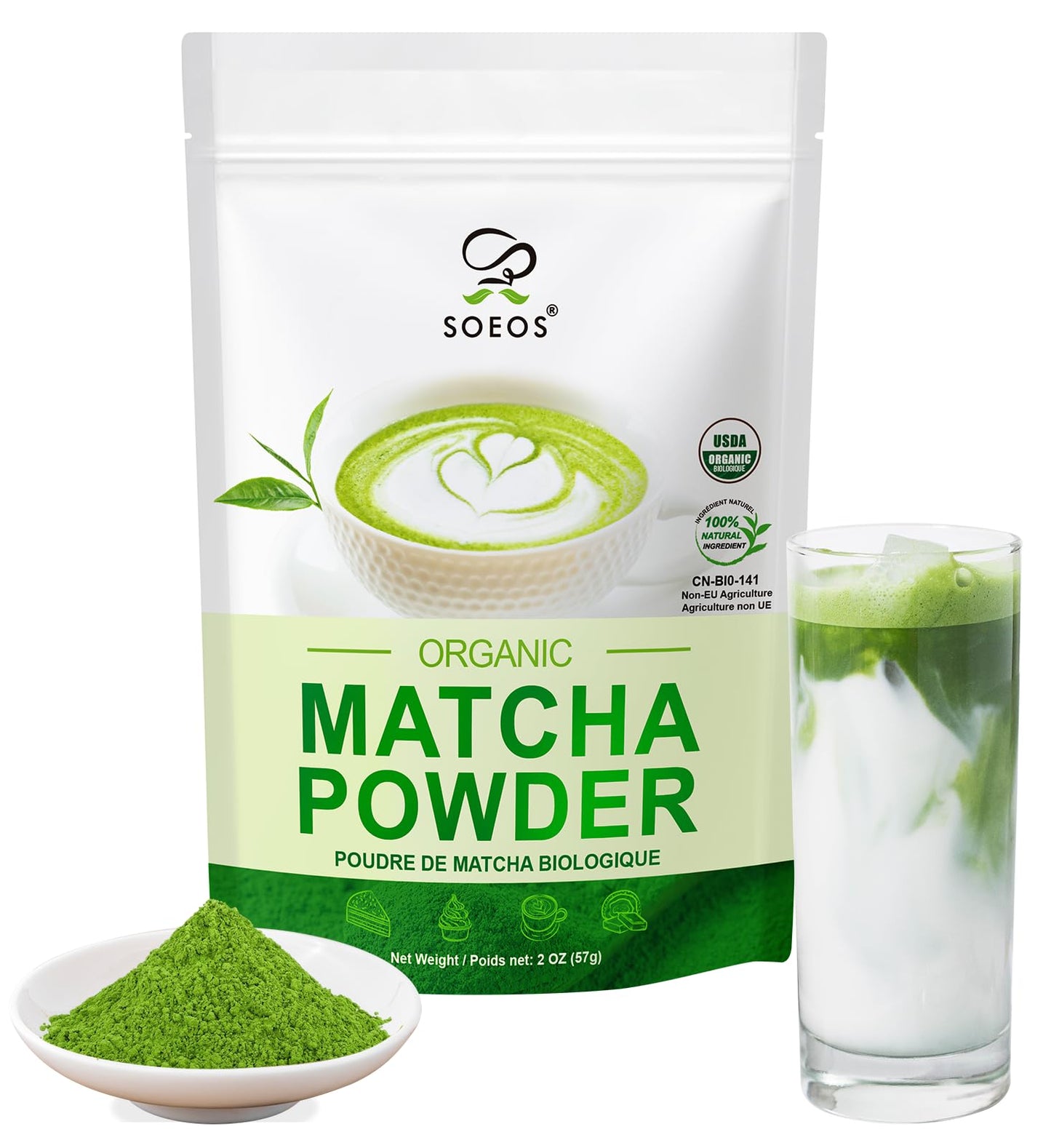 Soeos Organic Matcha Powder  Matcha Green Tea Powder  2 oz (57g)  Antioxidant-Rich Japanese Matcha for Lattes  Smoothies and Baking  Recyclable Bags