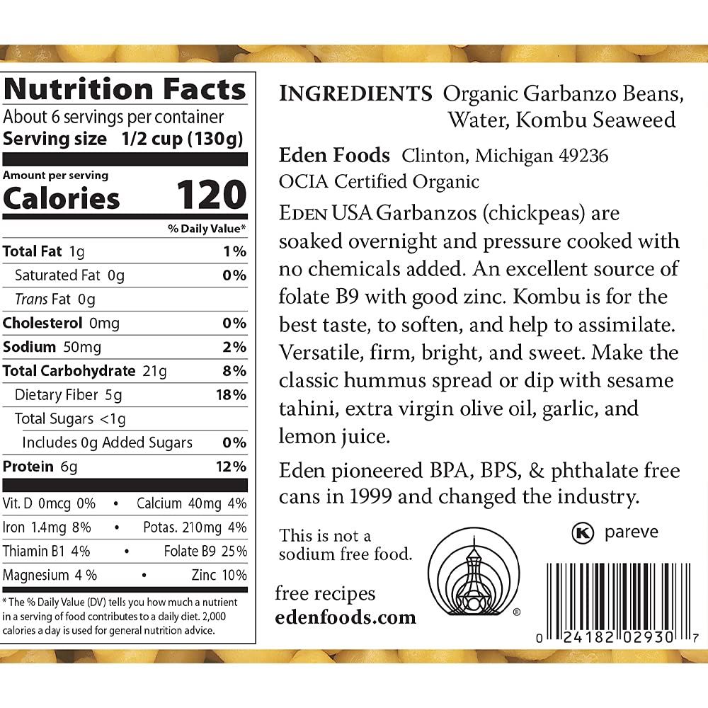 Eden Organic Garbanzo Beans, 29 oz Can, No Salt, Non-GMO, Gluten Free, Vegan, Kosher, U.S. Grown, Heat and Serve, Macrobiotic, C