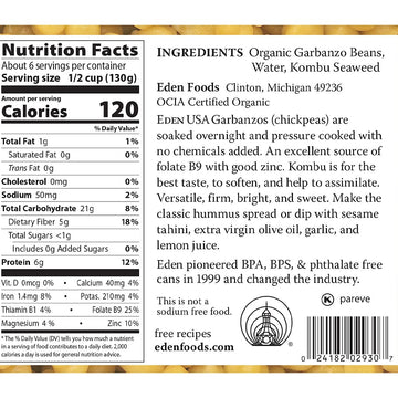 Eden Organic Garbanzo Beans, 29 oz Can, No Salt, Non-GMO, Gluten Free, Vegan, Kosher, U.S. Grown, Heat and Serve, Macrobiotic, C