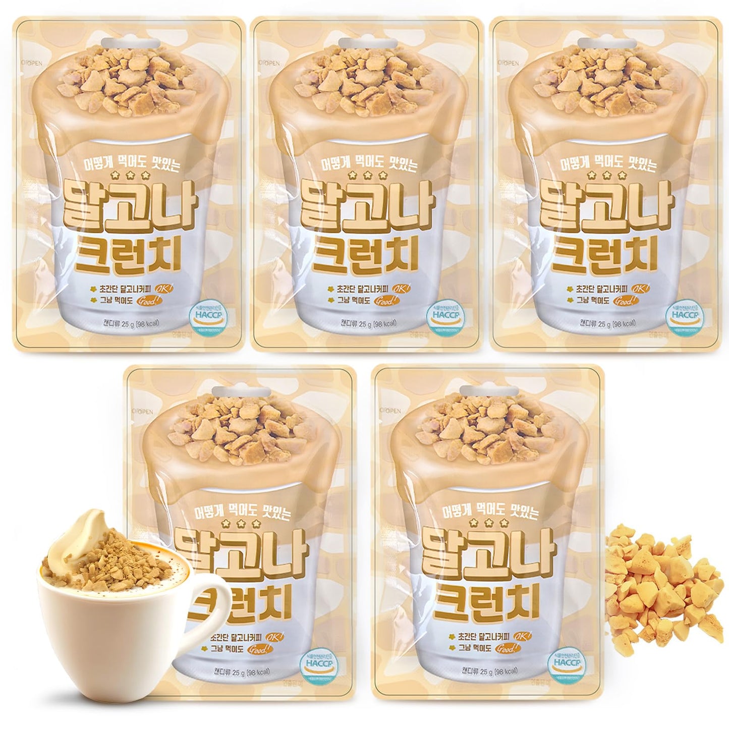 Coelo Korea Dalgona Crunch 25G X 5 Packs (Total 4.4Oz) Old School Sugar Cotton Candy, Korean Sweet Flavor   Coffee Milk Topping Puffed Candies Chewy Share Size Party Trips Snacking K-Food ???