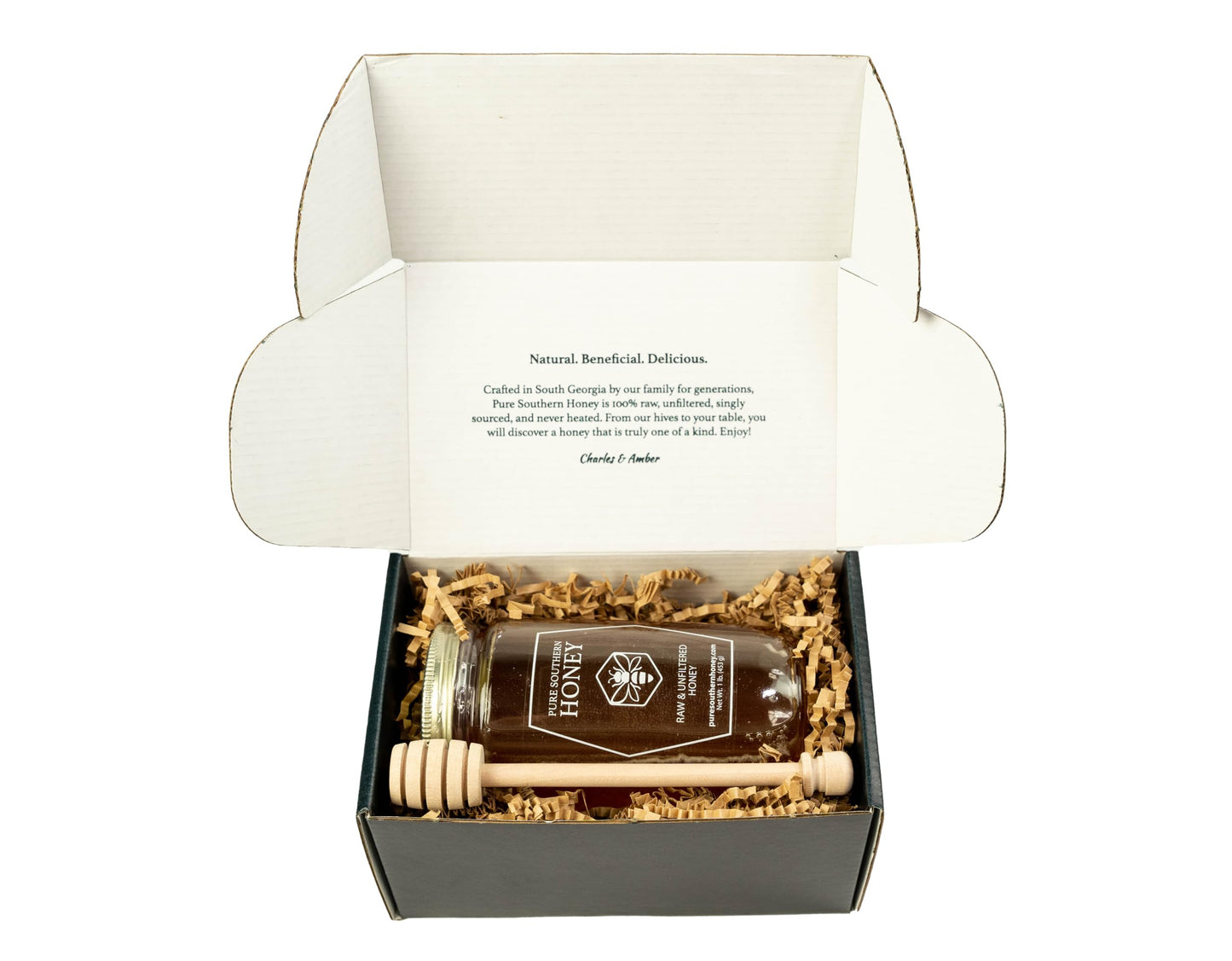 100% Authentic, Usa - Made Raw Unfiltered Gourmet Honey Gift Box With Dipper By Pure Southern Honey [ 1 Lb] - Unheated - Non - G