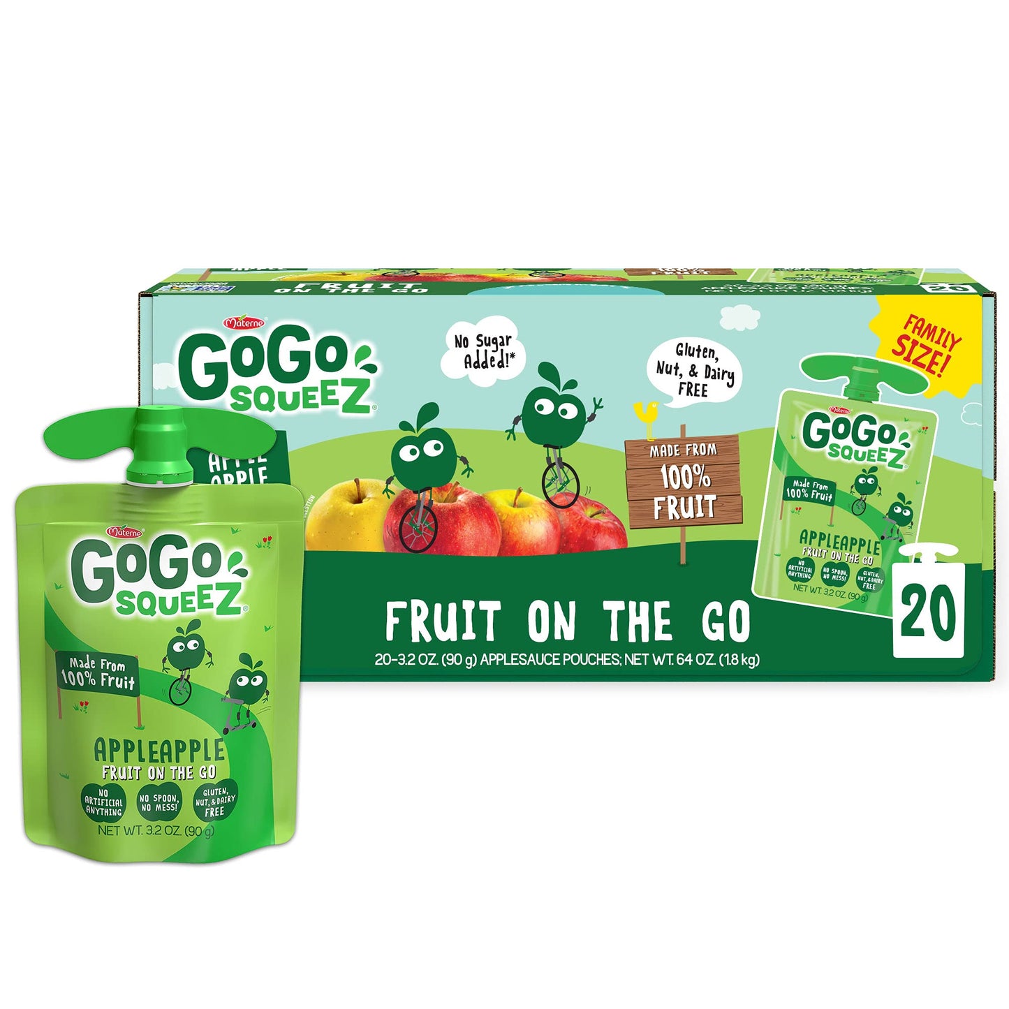 GoGo squeeZ Applesauce & Fruit Puree, Unsweetened, 3.2 oz (Pack of 20), Gluten Free, Nut Free, BPA Free, Model 280166