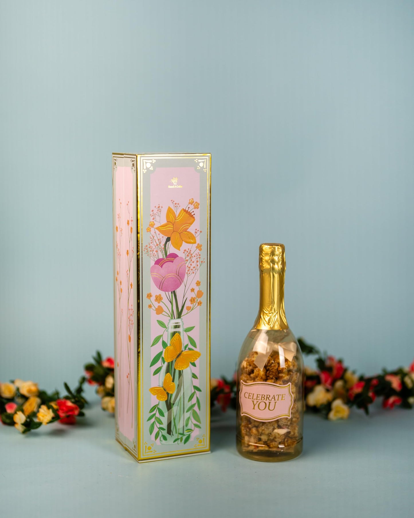 Birthday Floral Bubble Box With Caramel White Chocolate Popcorn By Send A Cake, Ready To Gift, No Assembly Required - Unique Happy Birthday Gift For Women, Men, Sister, Mom, Dad, Best Friend