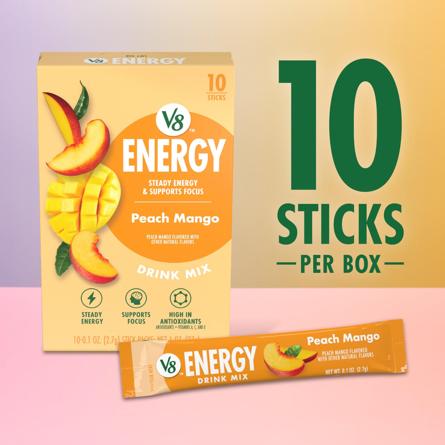 V8 Energy Peach Mango Drink Powder - 10 Count Packets - Model 200000029343
