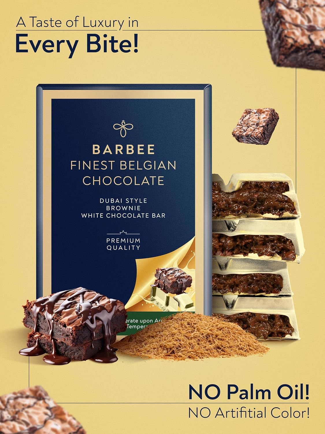 Barbee Dubai Chocolate Bar With Brownie And Cruncy Kadaifi | No Palm Oil | No Artificial Colors | White Chocolate - Brownie 7 Oz (200G)