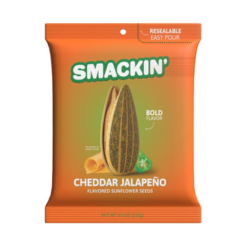SMACKIN' - Jumbo Roasted Sunflower Seeds, No Salty Burn, American Made, Easy Pour & Seal - Cheddar Jalapeo, 4oz bag (12 Bags)