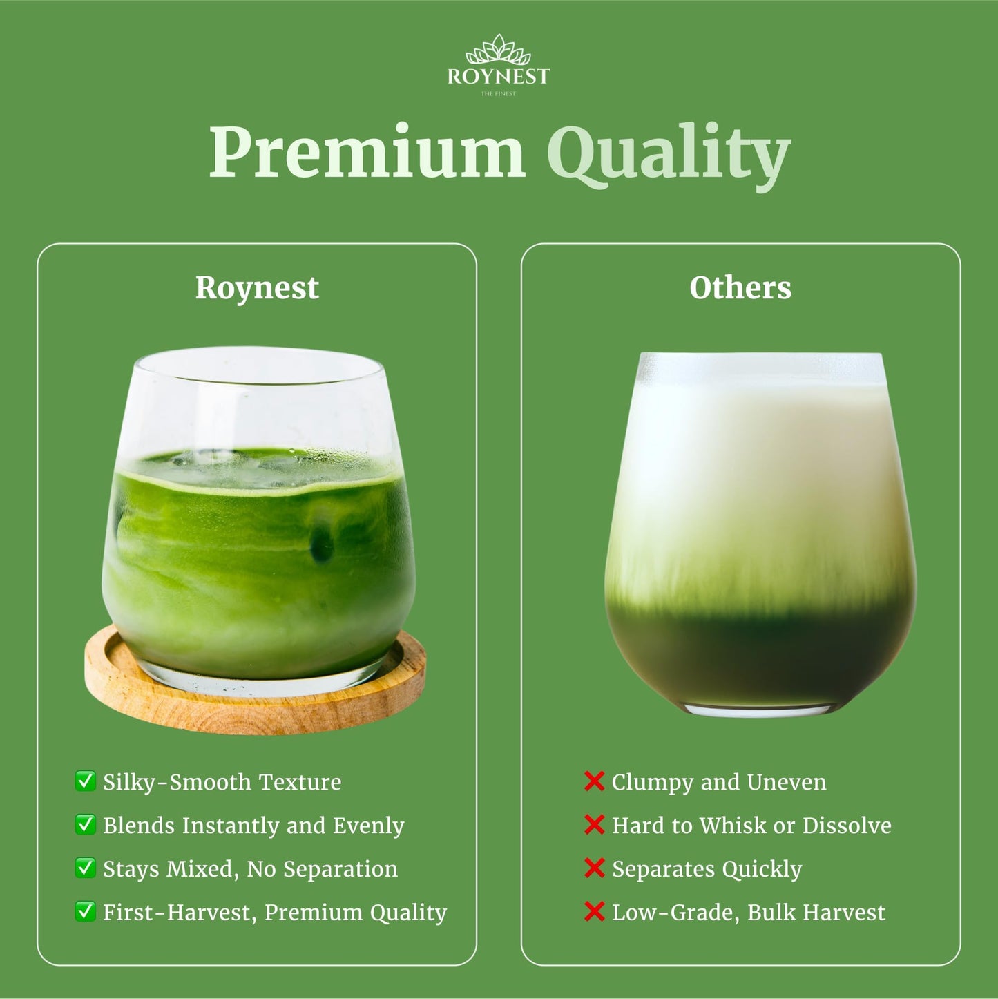 Roynest Japanese Matcha Powder - Non-GMO, Vegan, USDA Certified - 50g (1.76oz) - Green - 30 to 45 servings
