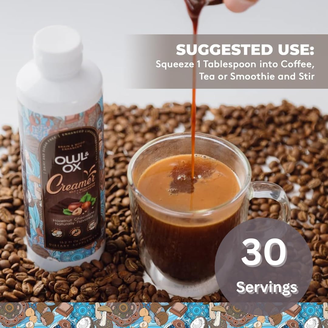 Mushroom Coffee Creamer With Mct Oil By Owl & Ox | L Theanine, Nootropic Superfood Blend, Vegan, Sugar Free, Dairy Free, Adaptog