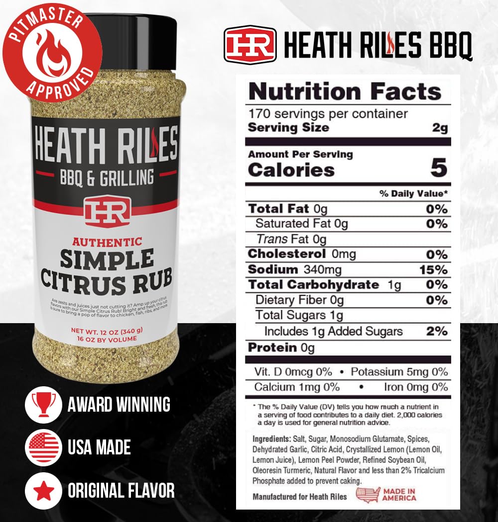 Heath Riles BBQ Rub - Simple Citrus Seasoning, 12 oz, Champion Pitmaster Recipe for smoky aroma & Grilling