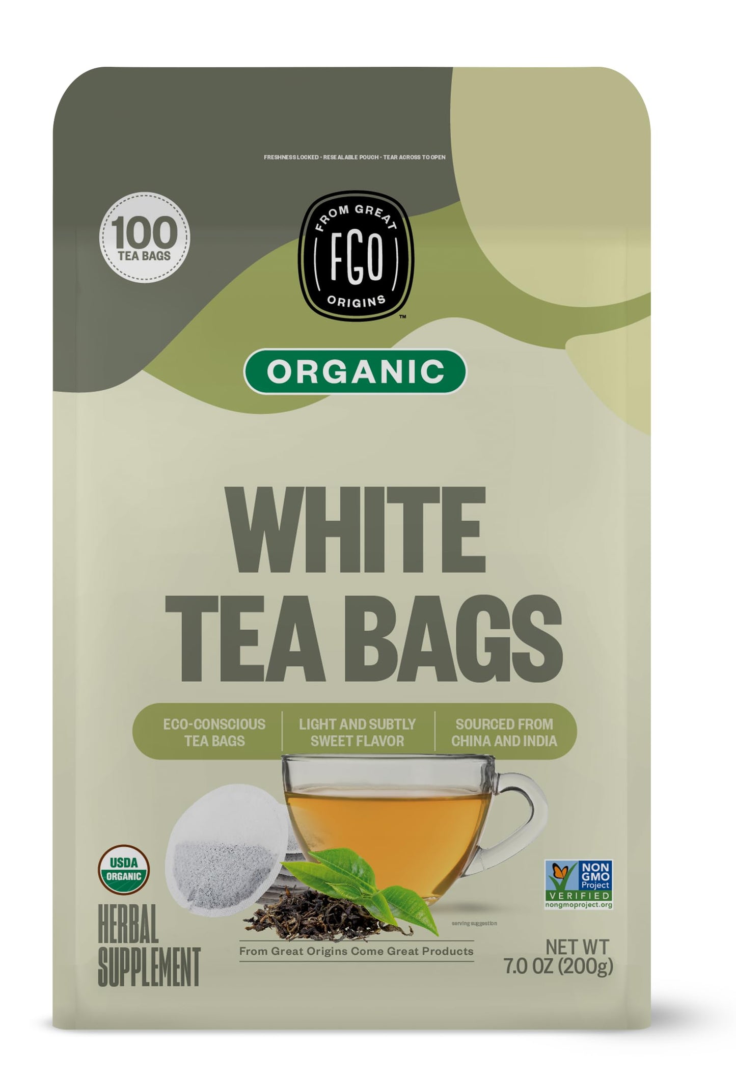 Fgo Organic White Tea, Eco-Conscious Tea Bags, 100 Count