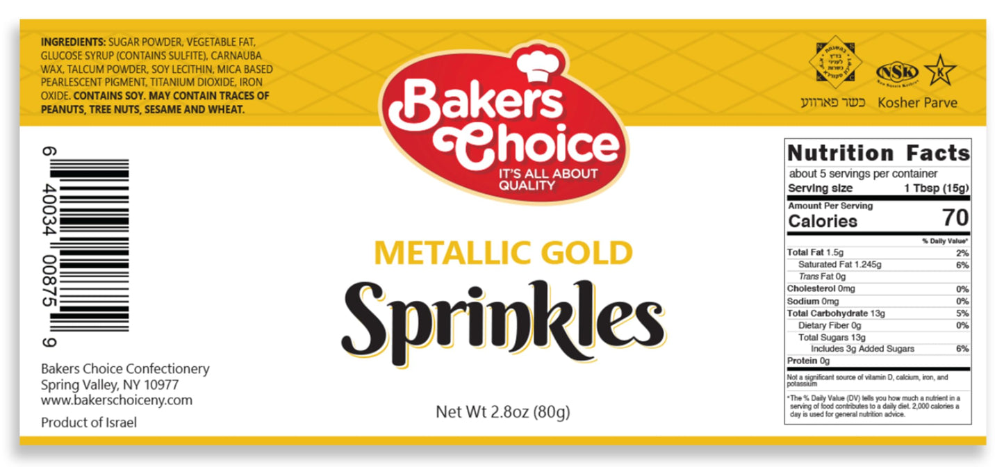 Bakers Choice Metallic Gold Sprinkles - Jimmies for Ice Cream Toppings, Dairy Free, Kosher, 2.8 oz.