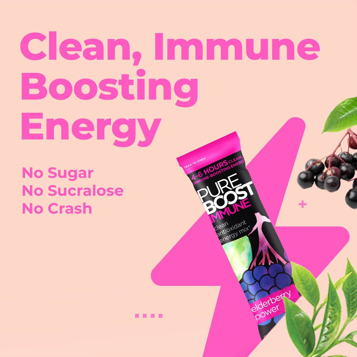 Pureboost Immune Clean Energy Booster  Refreshing Energy Drink Mix and Immunity dietary product with Elderberry  1 200 mg Vitamin C  Vitamins A + D  and Zinc. (Elderberry Power  30 Count)