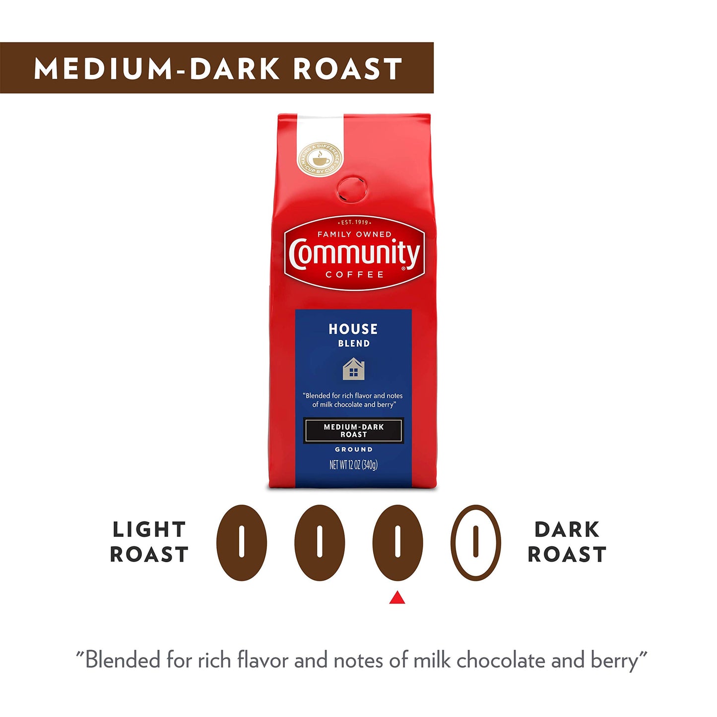 Community Coffee House Blend Medium Dark Roast Ground Coffee, 12 Ounce Bag, Pack of 6, Red